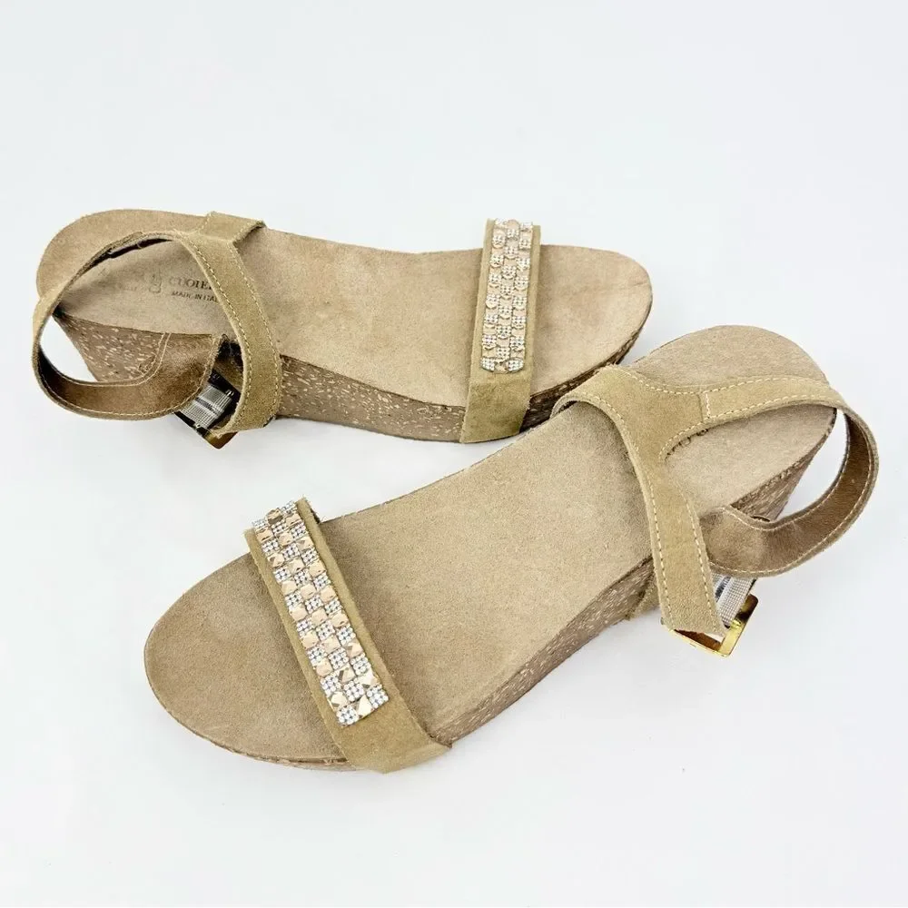 Antica Cuoieria Tan Suede Rhinestone Sparkle Open Toe Cork Wedge Sandals